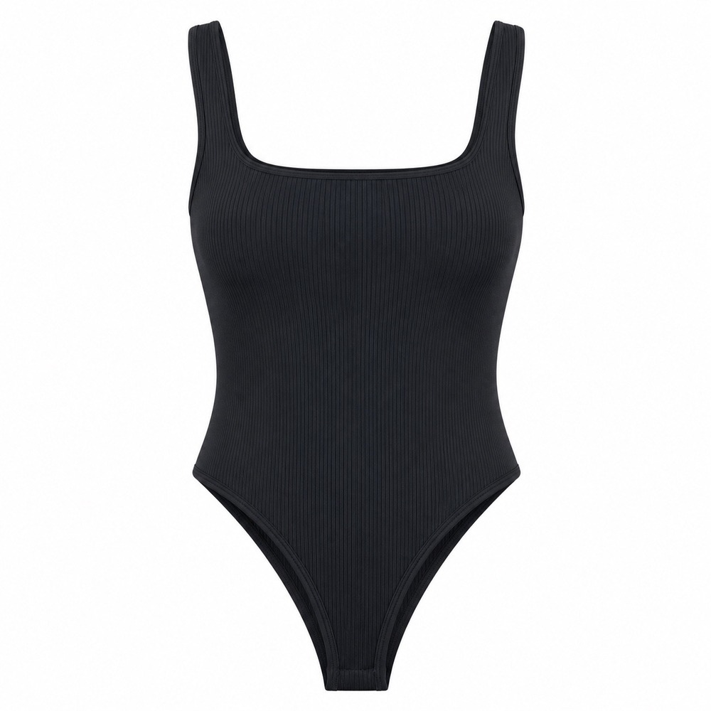 OQQ Black Ribbed Seamless Bodysuit Square Neck Tank Snap XL Onepiece bodycon
